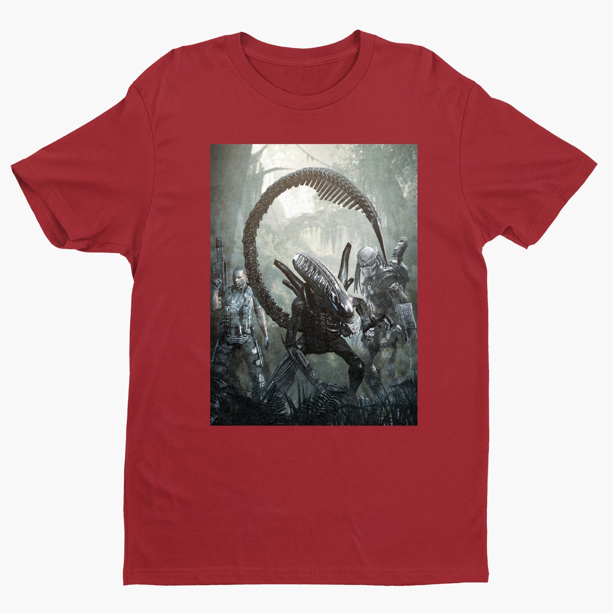 Aliens vs. Predator alien promo art tee — red unisex t-shirt, front view